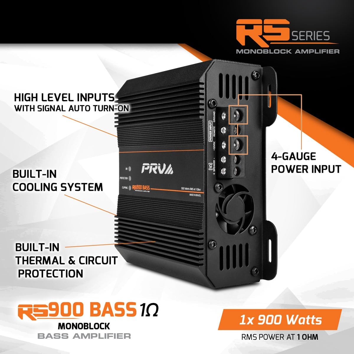 PRV AUDIO 900 Watts Mono Subwoofer Car Audio Amplifier RS900 BASS 1 Ohm – 12 Volts Monoblock Class D Amp, Built-in Crossover & Bass Boost with High Level Inputs