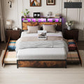 VINGLI Queen Bed Frame with 4 Storage Drawers and Headboard, Metal Platform Panel Bed with Charging Station and RGB LED Lights, No Box Spring Needed, Noise Free, Easy Assembly, Vintage Brown