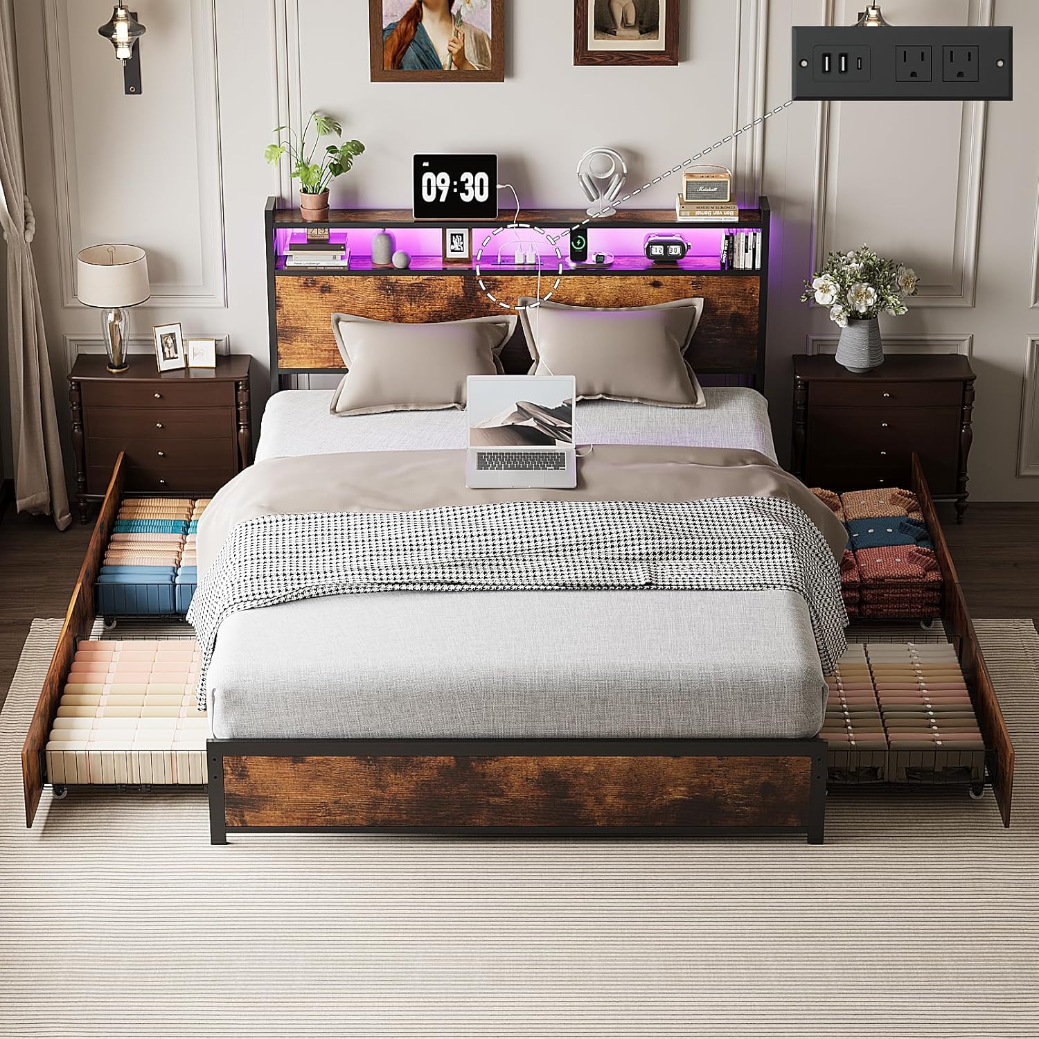 VINGLI Queen Bed Frame with 4 Storage Drawers and Headboard, Metal Platform Panel Bed with Charging Station and RGB LED Lights, No Box Spring Needed, Noise Free, Easy Assembly, Vintage Brown