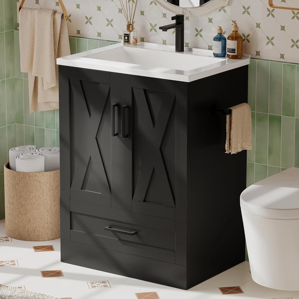 JUMMICO 24" Bathroom Vanity with Sink, Bathroom Storage Vanity Sink Cabinet with 2 Doors ＆ 1 Drawer Space, Farmhouse Wooden Free Standing Bathroom Cabinet with Sink Combo, Easy Assembly (Black)
