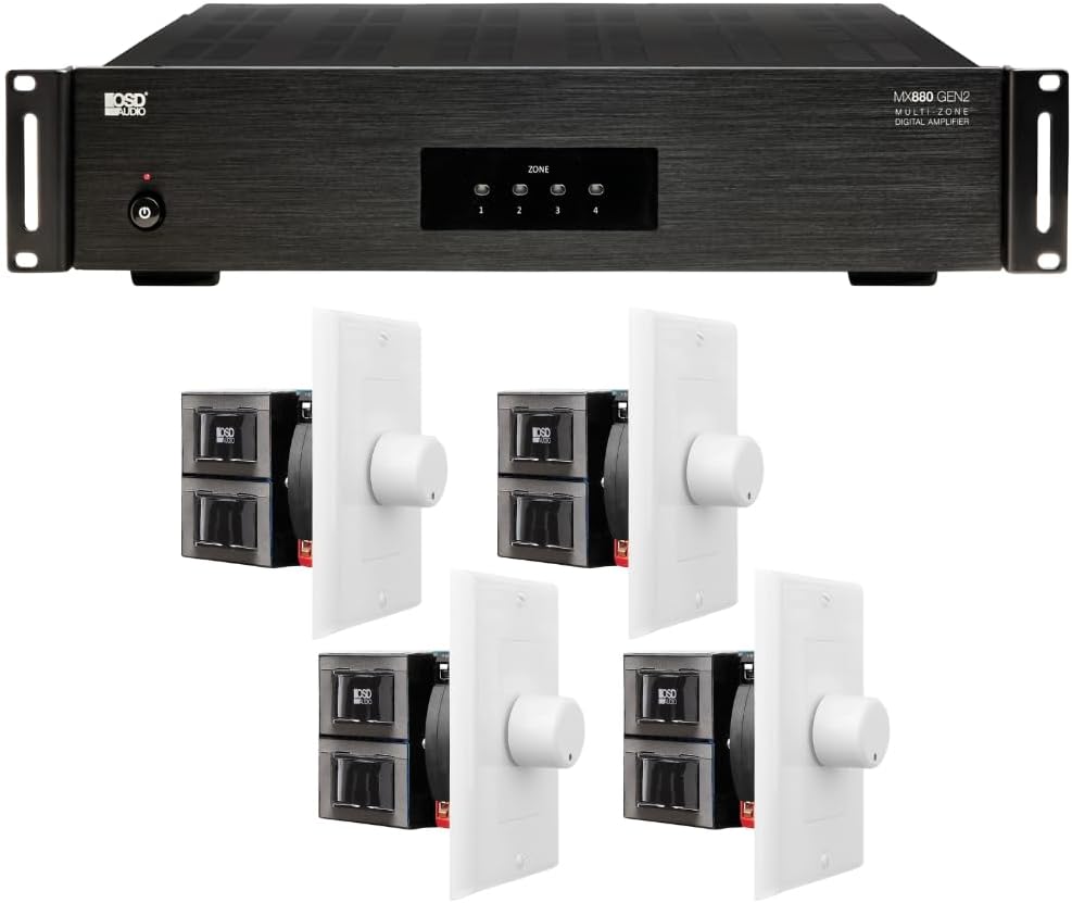 OSD Audio 4-Zone 8-Channel Amplifier with 4 in-Wall 100W Rotary Volume Controls – Multi-Room Audio System with Impedance Matching, 80W RMS per Channel, Bridgeable, Rack Mountable