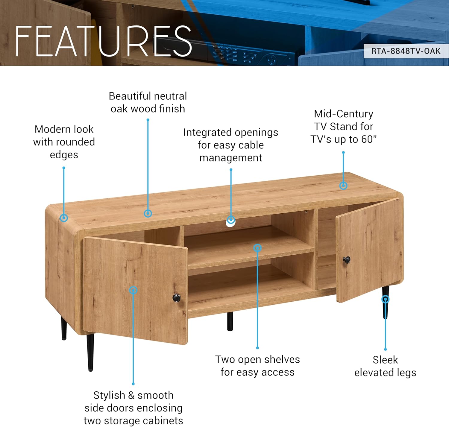 Techni Mobili Mid-Century Modern TV Stand with Storage Cabinets, Wooden Entertainment Center with Cable Management for Living Room, Fits TVs up to 60”