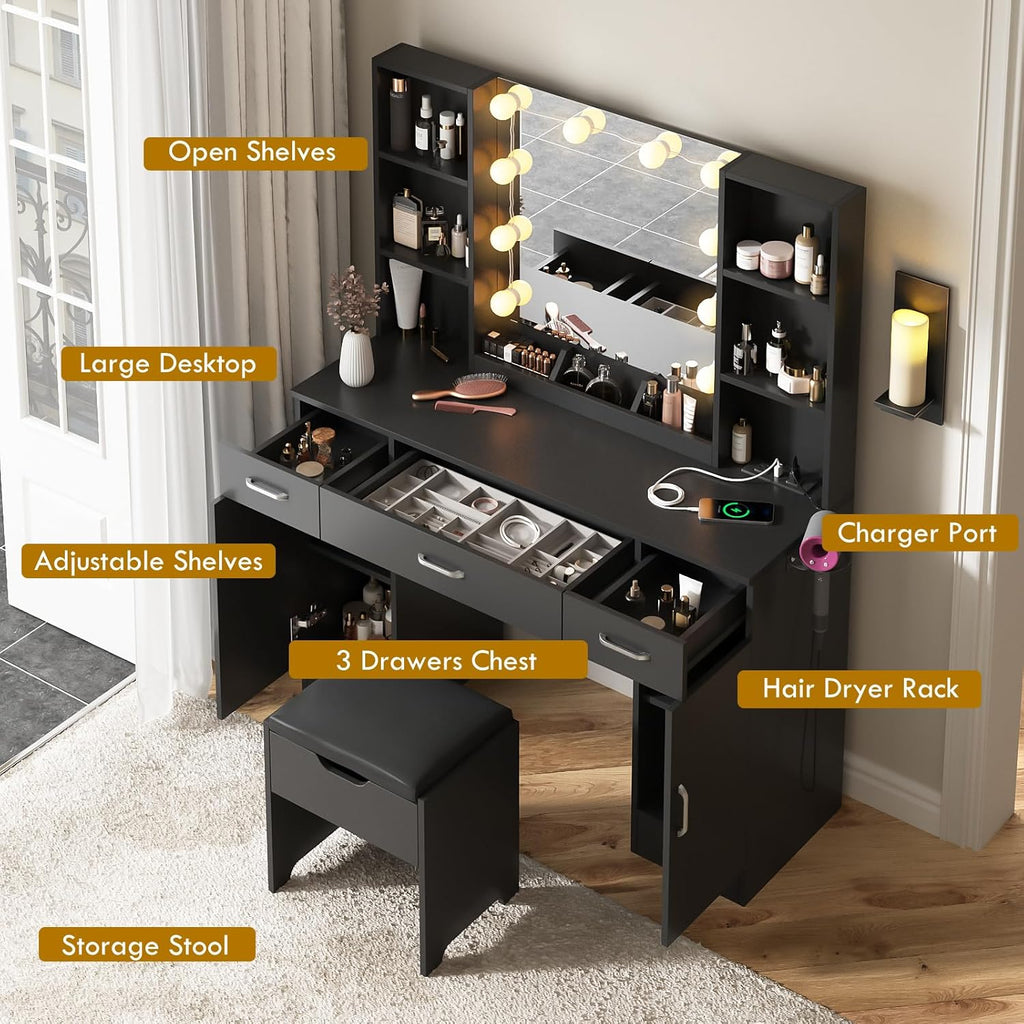 Vabches Makeup Vanity Table with Lighted Mirror & Power Strip, Large Vanity Set Vanity Desk with Storage Stool, 3 Lighting Modes, Brightness Adjustable, 45.2in(Large, Black)