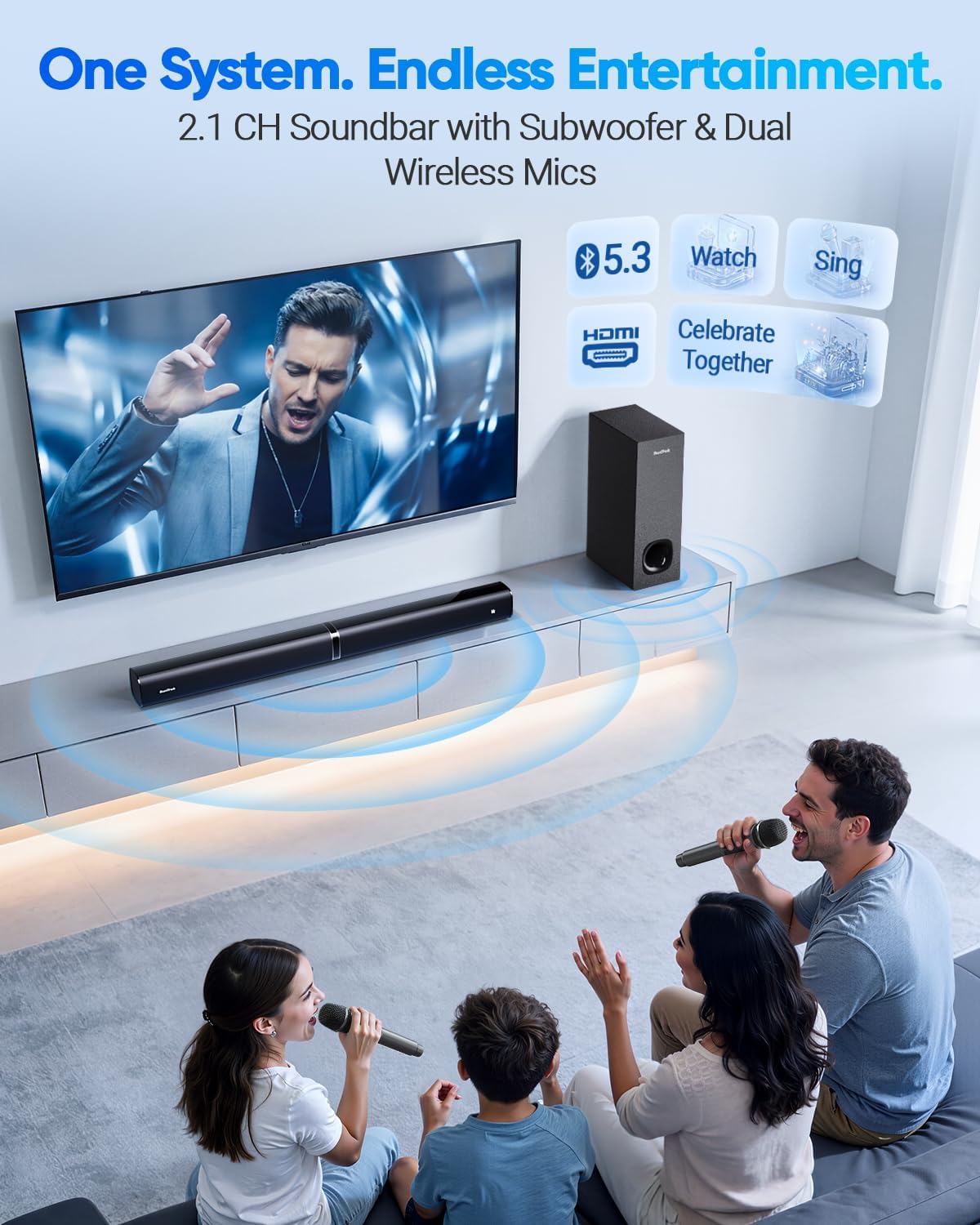 Soundbar with Subwoofer for TV, Home Theater Bluetooth 5.3 Speaker System with 2 Wireless Karaoke Mics, Surround Sound Audio with HDMI ARC, Optical, AUX, USB for Movie, Music, Family Party(Peak 240W)