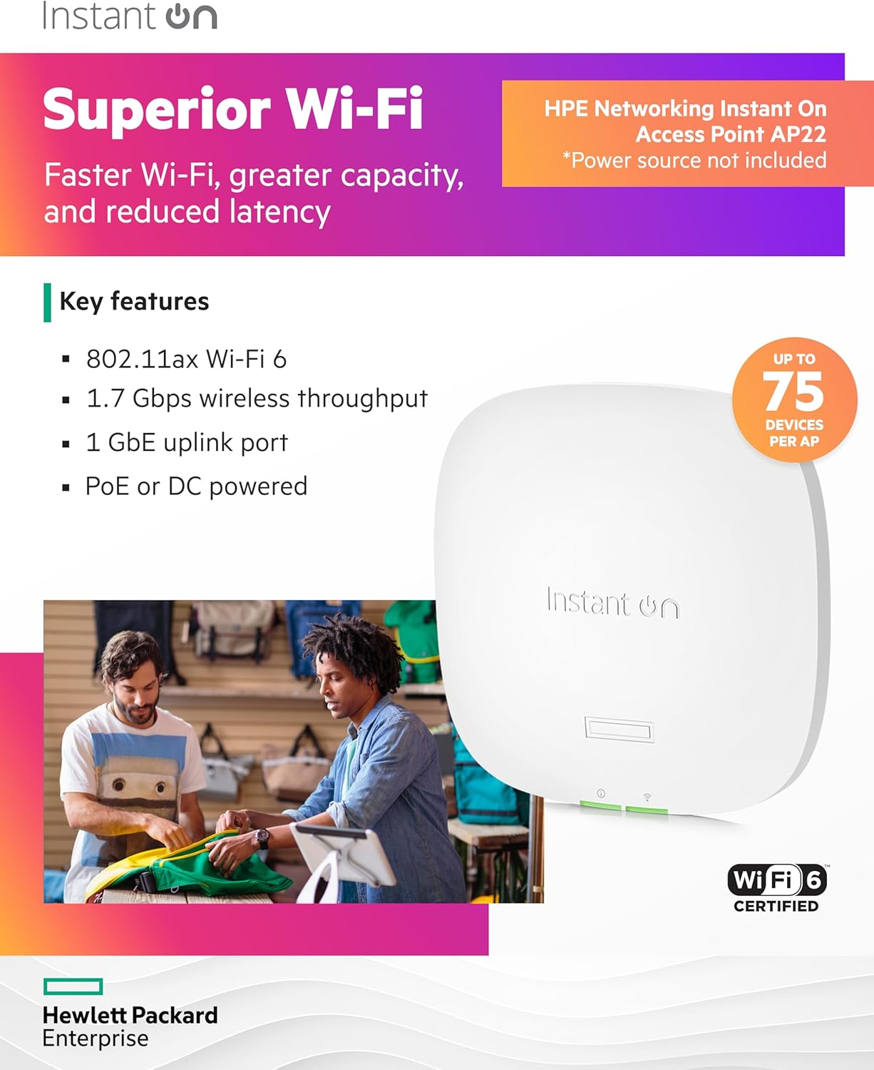 HPE Networking Instant On Access Point AP22 2x2 WiFi 6 Indoor Wireless Access Point | Long Range, Secure, Smart Mesh Support | Power Source Not Included | US Model (R4W01A)