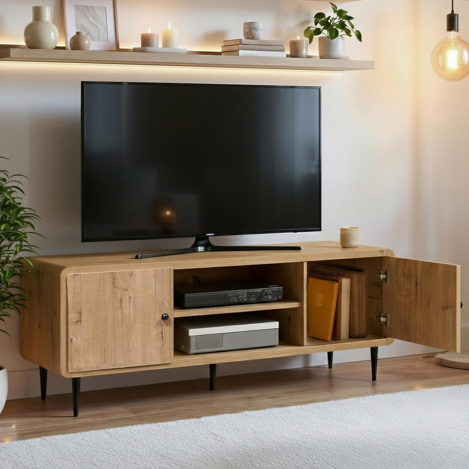 Techni Mobili Mid-Century Modern TV Stand with Storage Cabinets, Wooden Entertainment Center with Cable Management for Living Room, Fits TVs up to 60”