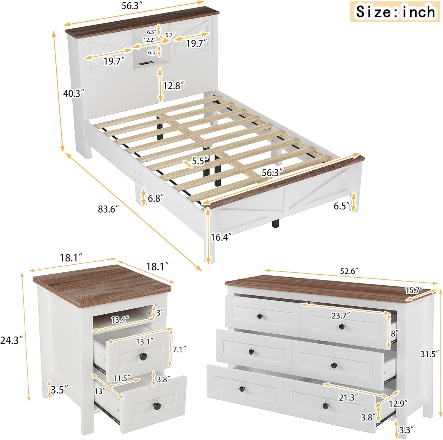 LUMISOL 3-Piece Full Size Bedroom Set, Rustic Wooden Platform Bed with Storage Headboard & Charging Stations, a Nightstand and Dresser, Full Size Farmhouse Bedroom Furniture Set, White