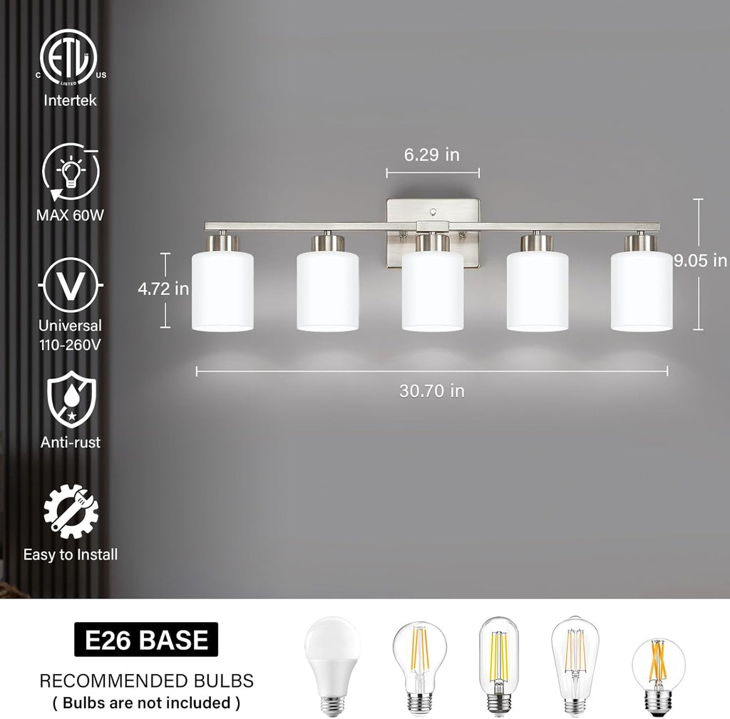 FonmYim Brushed Nickel Bathroom Light Fixtures, 5-Light Modern Vanity Light Over Mirror, Wall Sconces with Milky White Frosted Glass Shades, E26 Socket (Bulbs Not Included)