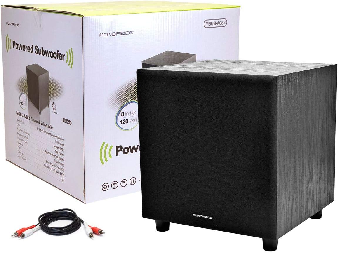 Monoprice 60-Watt Powered Subwoofer - 8 Inch With Auto-On Function, For Studio And Home Theater Black