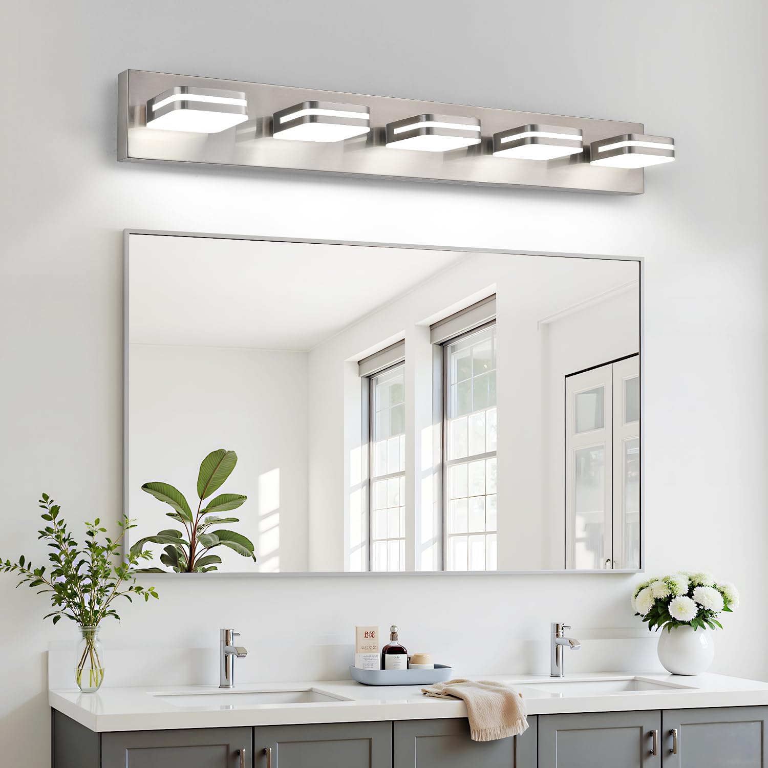 360° Rotate LED Bathroom Vanity Light Fixtures, 2100LM Acrylic Brushed Nickel Vanity Lights for Bathroom, Modern Wall Lighting Fixtures Over Mirror Kitchen Living Room (Natural White Light 5000K)