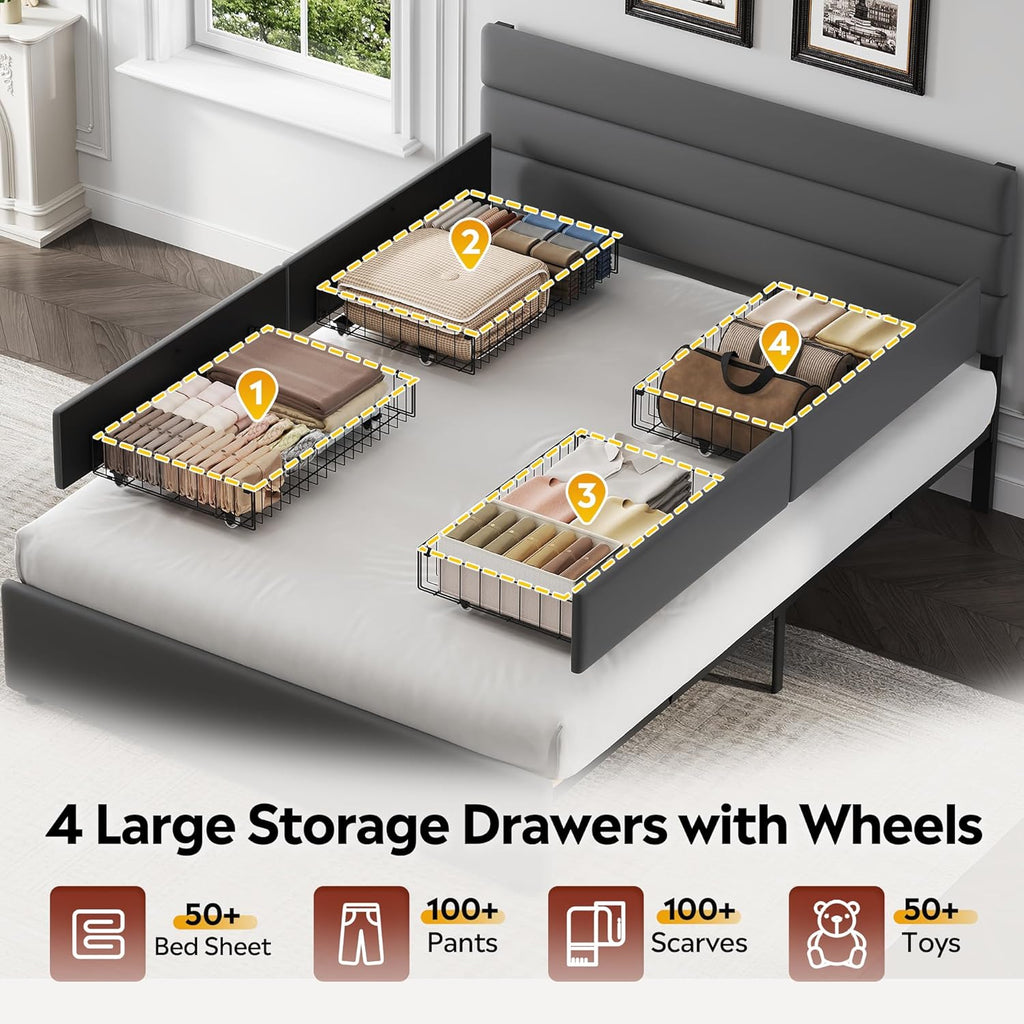 WLIVE Queen Size Upholstered Bed Frame with 4 Storage Drawers and Headboard, Velvet Platform Bedframe, Sturdy Metal & Wooden Slats Support, No Box Spring Needed, Easy Assembly, Dark Grey