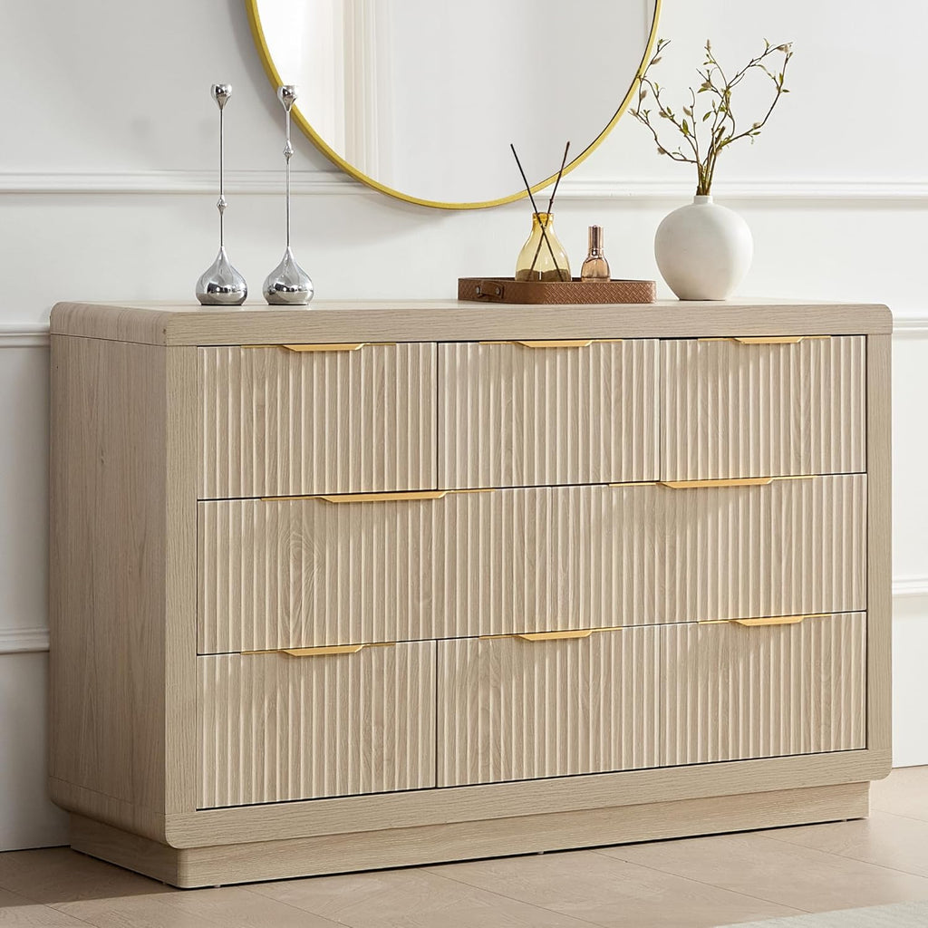 YANSNWO Modern Fluted Dresser and Nightstand Sets, Including 52" W 8 Drawer Dresser and Nightstands Set of 2 with Drawer & Charging Station, Bedroom Set for Home, White Alder