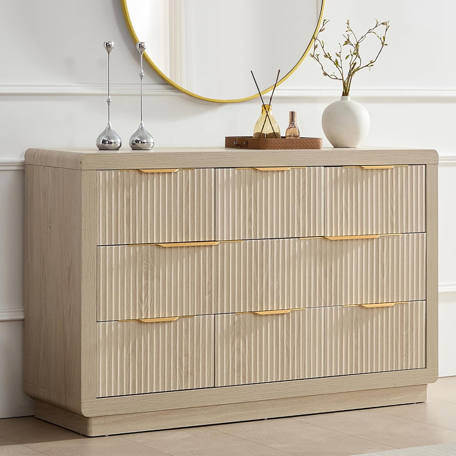 YANSNWO Modern Fluted Dresser and Nightstand Sets, Including 52" W 8 Drawer Dresser and Nightstands Set of 2 with Drawer & Charging Station, Bedroom Set for Home, White Alder