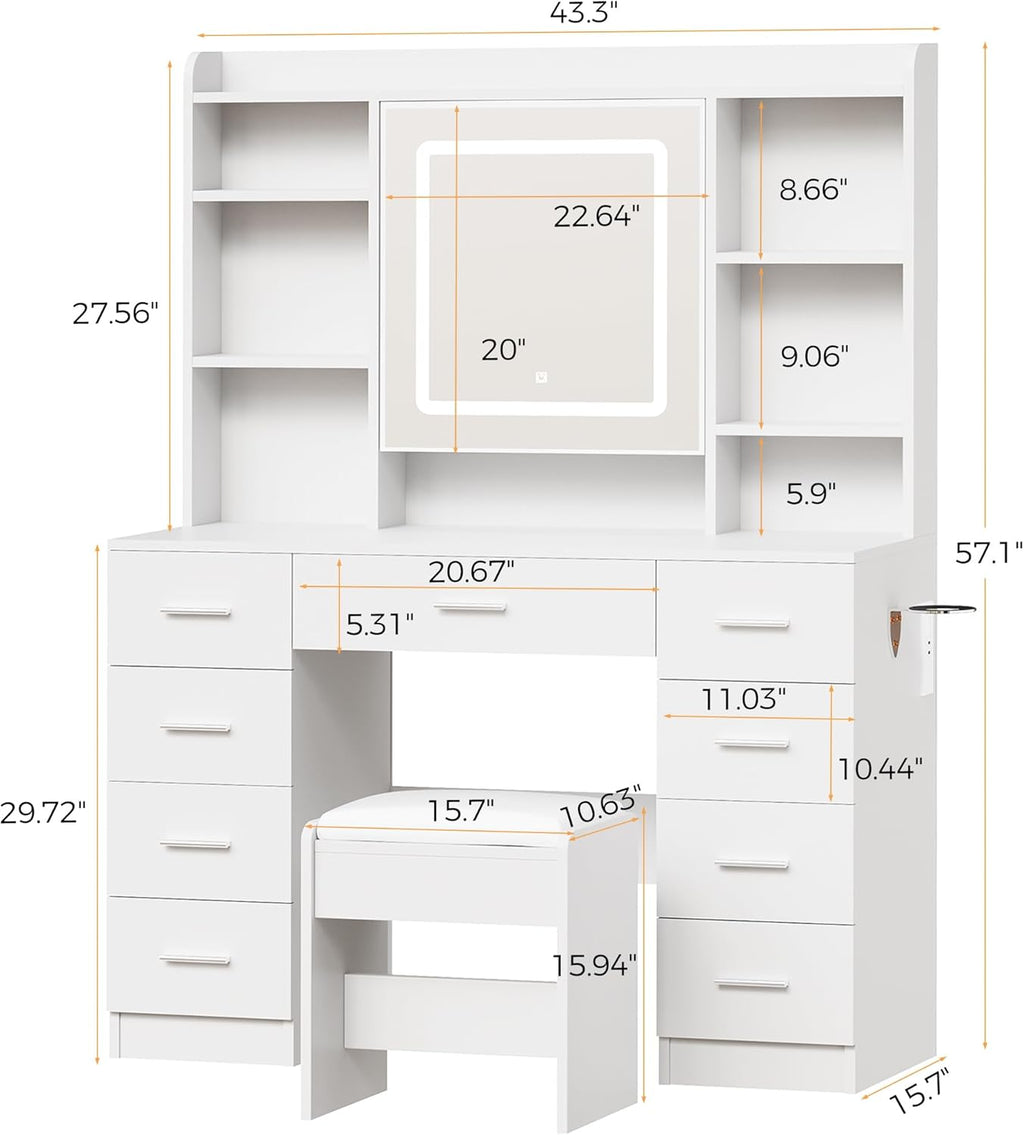 BEWISHOME Vanity Desk with Mirror and Lights, Makeup Vanity Table with Power Outlet,Stool Vanity Table with 9 Drawers 6 Storage Shelves Jewelry Storage,Dressing Table for Bedroom Girls White FST36W