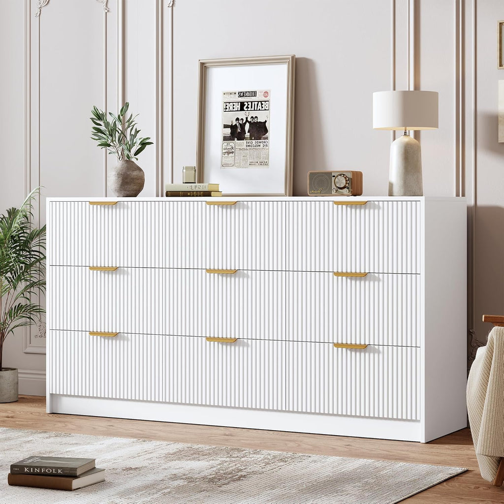 Garvee 9 Drawers Dresser for Bedroom - 59" Wide Modern Fluted Chest of Drawers with Golden Metal Handles, Large TV Stand Multi-Function Home Organizer for Living Room, Entryway, Hallway, White