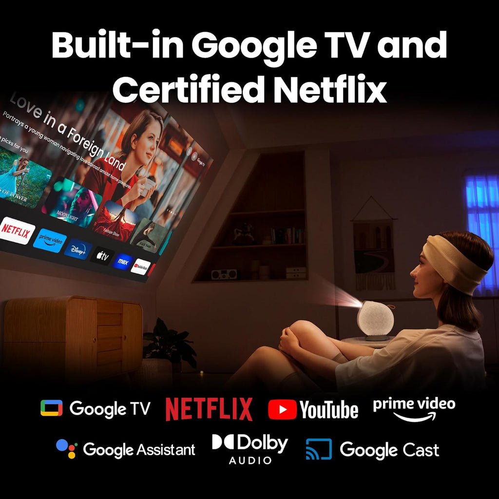 BenQ GV50 | Laser Portable Projector, 500 Lms, Native 1080p, 4K Supported, Ceiling Projection, Tripod Base, Rotating Angle, Google TV, Certified Netflix, WiFi & Bluetooth, Deep Woofer Built in speaker