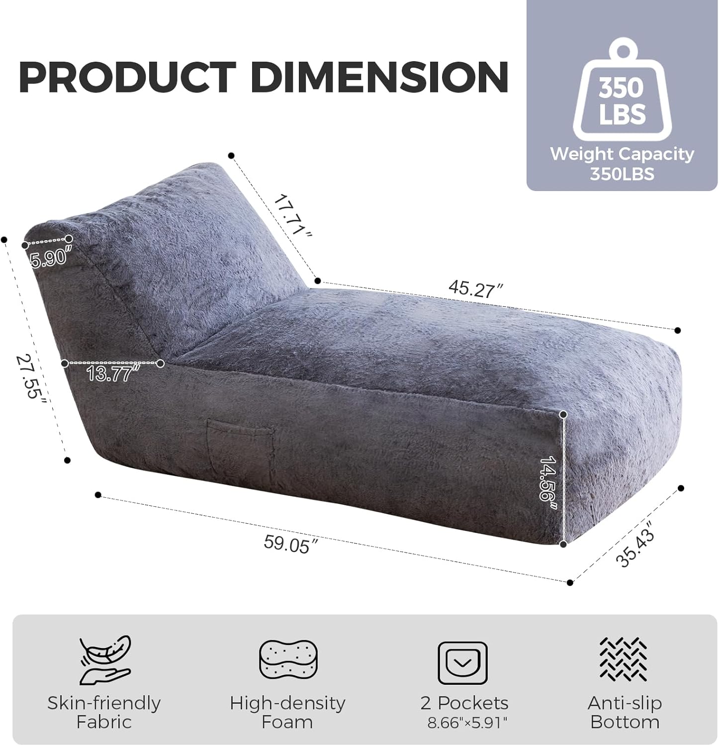 Giant Bean Bag Chair for Adults (59"x34"), Big Faux Fur Plush Bean Bag Lounger, Large Memory Foam Lounger Chair with Pockets for Living Room, Bedroom & Dorm (Grey)