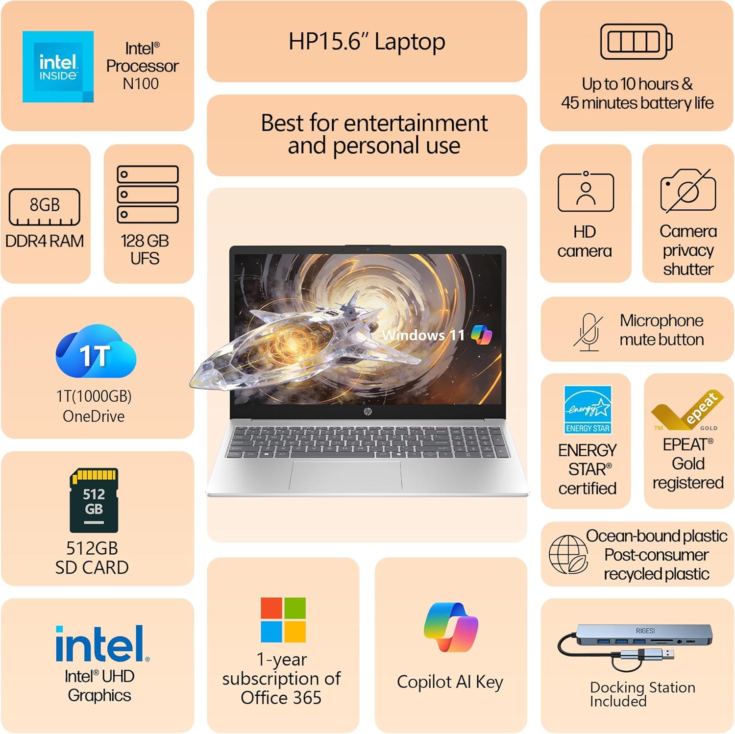 HP 15.6" Laptop – Complete Productivity Solution, Windows 11 with Microsoft Office, Intel 4 Core N100, 8GB RAM, 128GB UFS, 512GB SD Card, Copilot AI, Lightweight – Silver