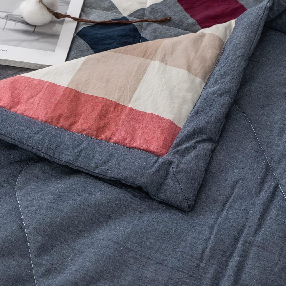 NTCOCO Summer Lightweight Comforter Set,Thin Quilt,100% Washed Cotton,Machine Washable,Soft Comfy Breathable Can Sleep Naked(King,Black and Red Grid