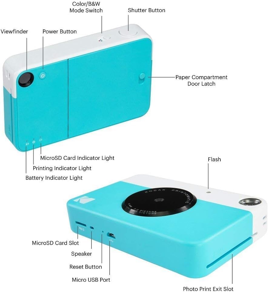 Kodak Printomatic Instant Camera Bundle (Blue) Zink Paper (20 Sheets) - Case - Photo Album - Hanging Frames.