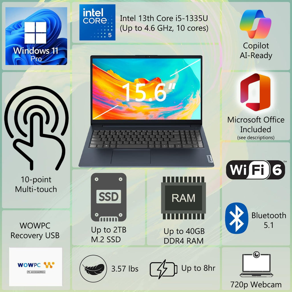 Lenovo IdeaPad Business Laptop, 15.6" FHD Touchscreen Display, Intel 13th 10-Core i5 CPU (Up to 4.6 GHz), 16GB RAM, 1TB SSD, Copilot AI Ready, Wi-Fi 6, Windows 11 Pro with Microsoft Office, WOWPC USB