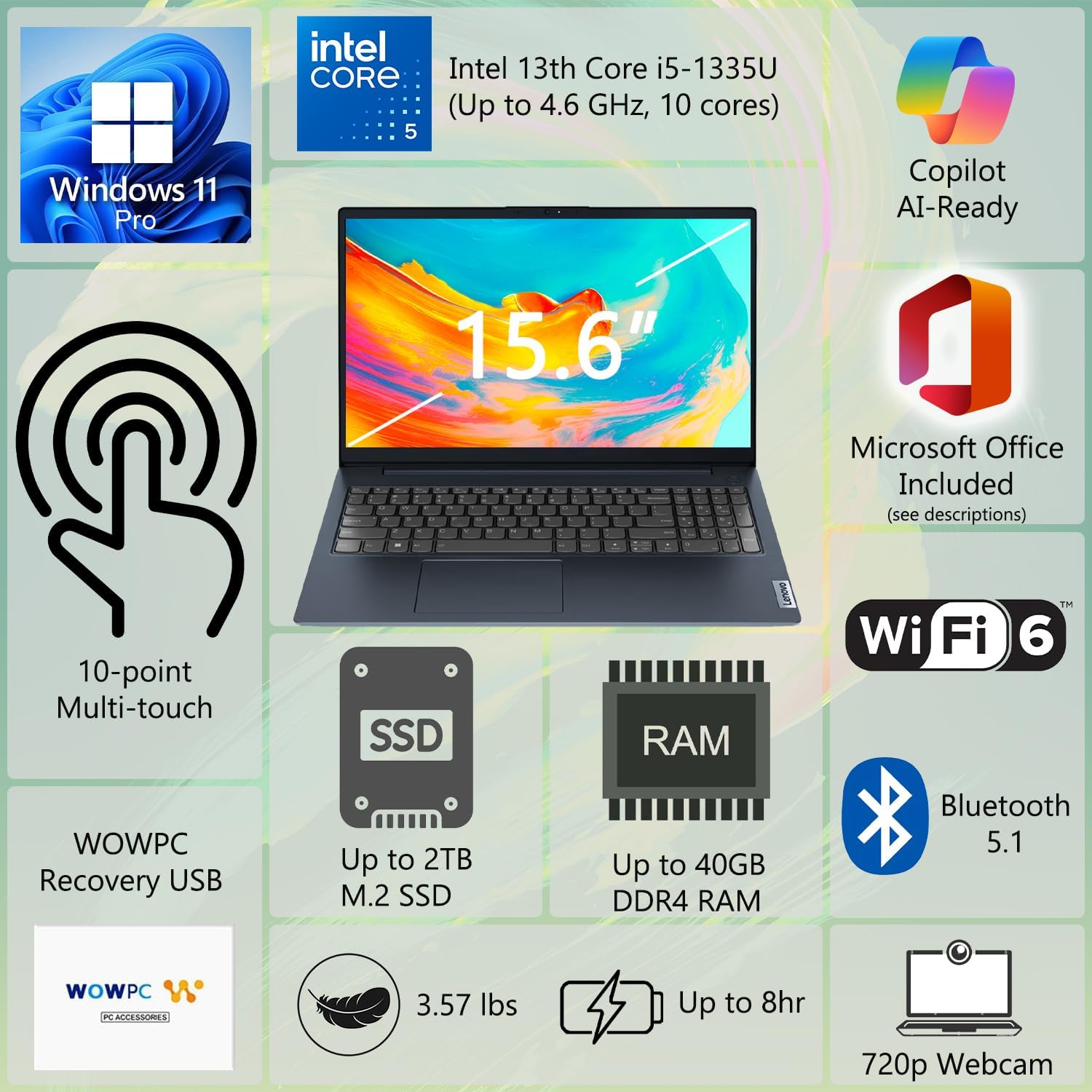 Lenovo IdeaPad Business Laptop, 15.6" FHD Touchscreen Display, Intel 13th 10-Core i5 CPU (Up to 4.6 GHz), 16GB RAM, 1TB SSD, Copilot AI Ready, Wi-Fi 6, Windows 11 Pro with Microsoft Office, WOWPC USB