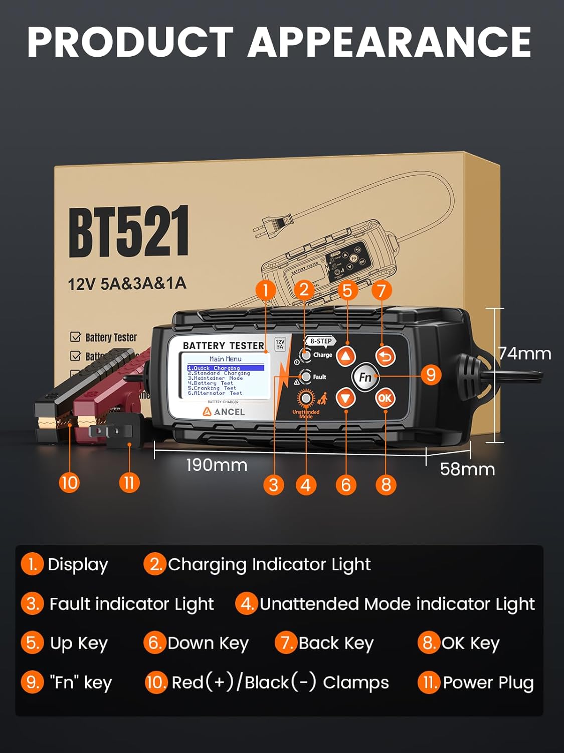 ANCEL BT521 4-in-1 Car Battery Charger, Tester, Maintainer and Desulfator for 12V Lead-Acid Batteries, 5A Smart Trickle Charger with Overcharge Protection & Temperature Compensation, LCD Display