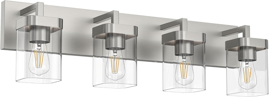 4-Light Bathroom Light Fixtures, Brushed Nickel Vanity Lights for Bathroom, Kitchen, Living Room, Modern Bathroom Vanity Lights with Clear Glass Shades