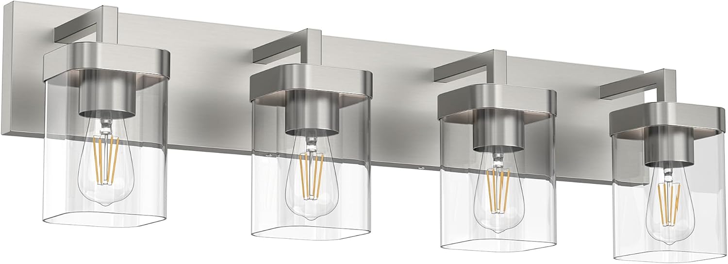 4-Light Bathroom Light Fixtures, Brushed Nickel Vanity Lights for Bathroom, Kitchen, Living Room, Modern Bathroom Vanity Lights with Clear Glass Shades