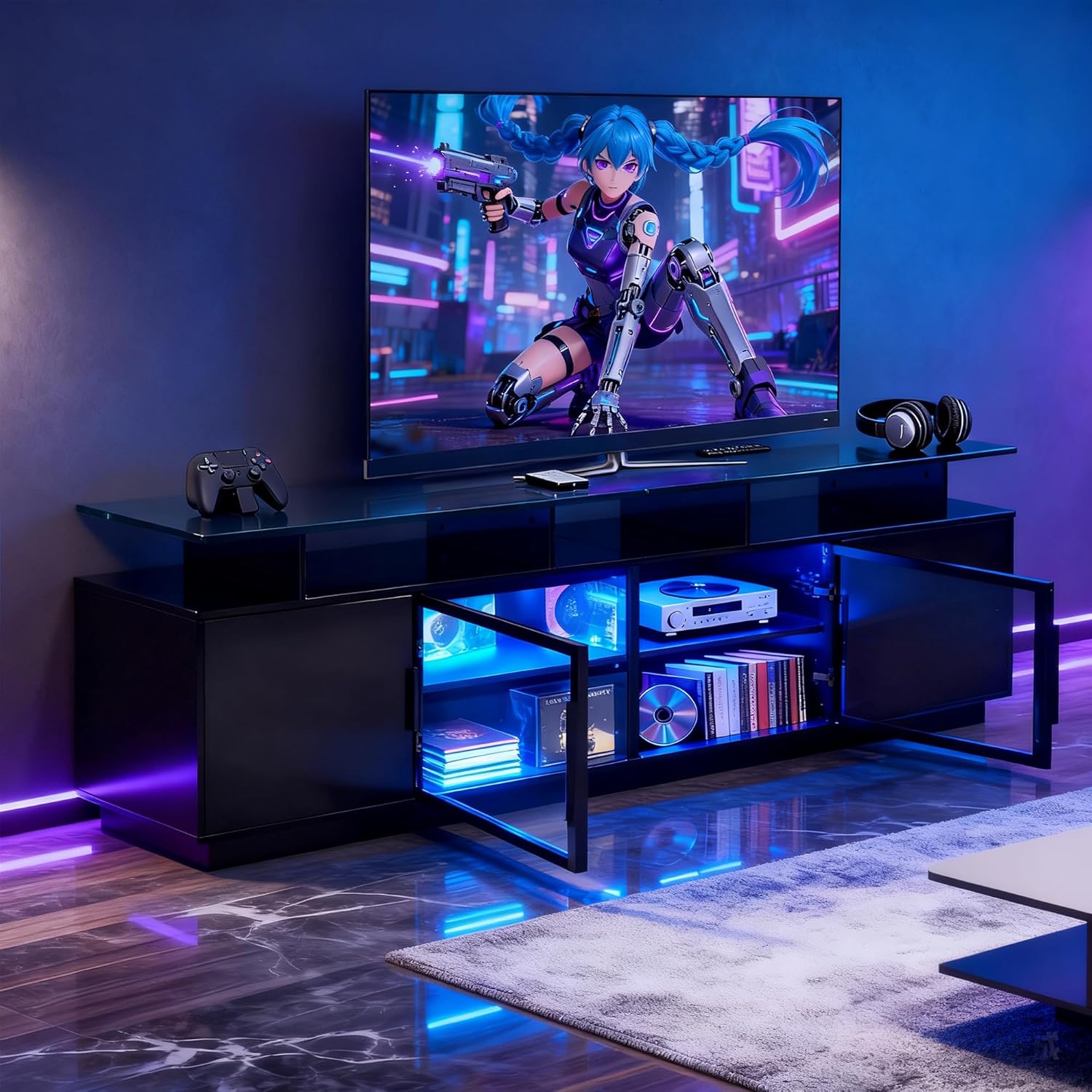 70 Inch Black TV Stand for Living Room, LED Entertainment Center for Gaming, Modern TV Cabinet Console, Transparent Glass Door Storage Cabinet
