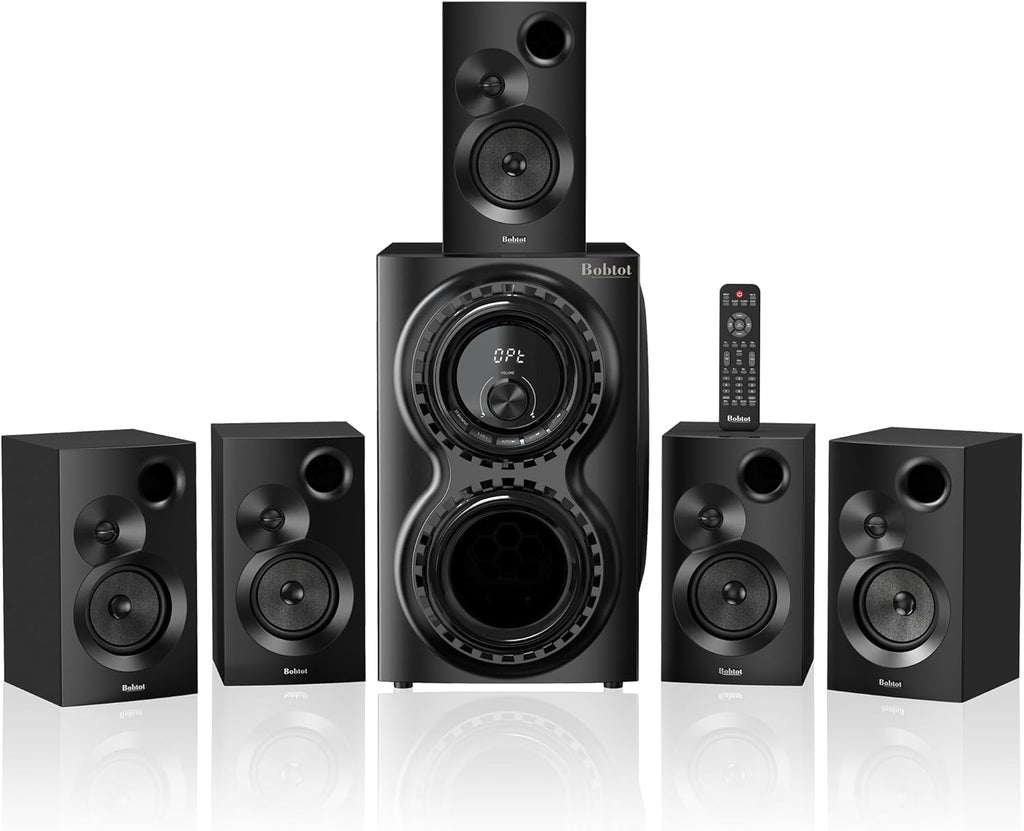 Bobtot Surround Sound Systems 1400 Watts Peak Power Home Theater Speakers - 12" Subwoofer Strong Bass 5.1 Wired Loud Stereo Audio System with ARC Optical Bluetooth Input for TV