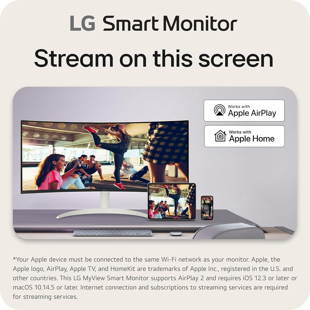 LG 34SR60QC-W 34-inch QHD (3440x1440) Curved Smart Monitor with Streaming, UltraWide Screen, webOS, HDR10, 100Hz, Built-in Speaker, AirPlay2, Screen Share, Bluetooth, ThinQ App, White