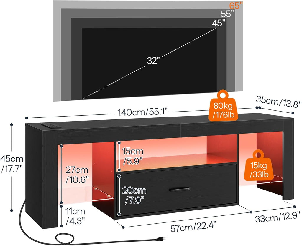 HOOBRO LED TV Stand with Power Outlets to 65 inch TV, Gaming Entertainment Center with Glass Shelves and Large Drawer, Modern Media TV Console Table for Living Room Bedroom, Black BB14UDDS01G1