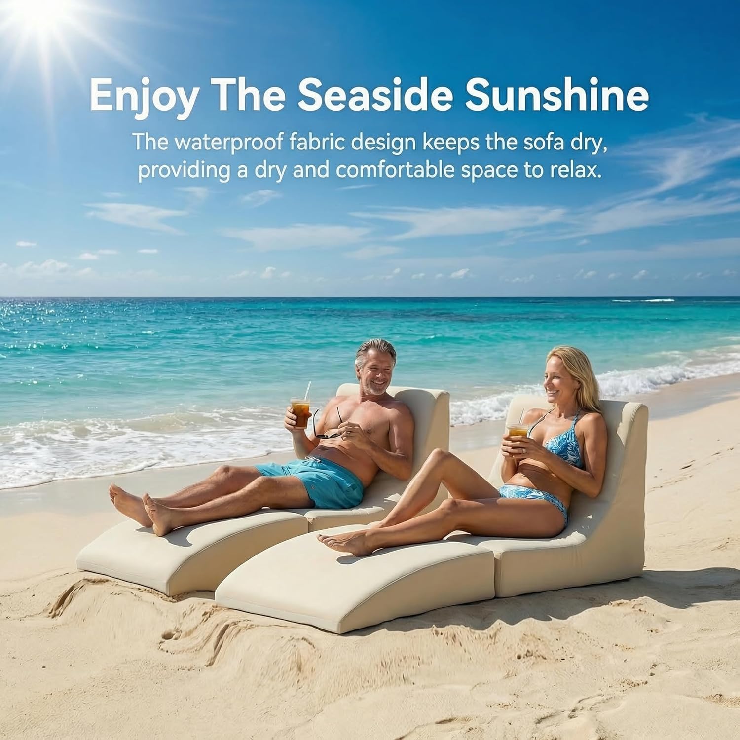 ZealWe Bean Bag Chair Set of 2 Outdoor Patio Lounge Chair with Back Support, Chaise Lounge Chair Waterproof Beach Bean Bag Couch for Adults, Memory Foam Filled for Poolside Balcony, Beige | water proof