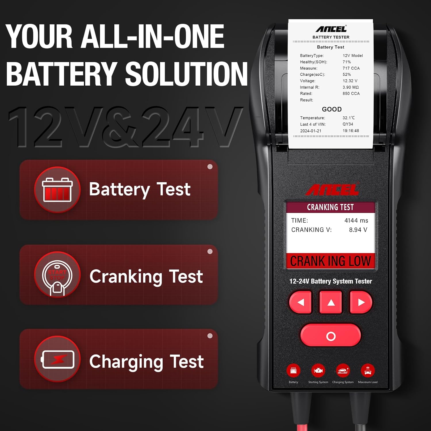 ANCEL BST600 Battery Tester with Printer, 12V 24V 100-2000 CCA Load Tester, Cranking Charging System Test for Cars, Heavy Duty Trucks, Marine, RV, SUV, Motorcycle