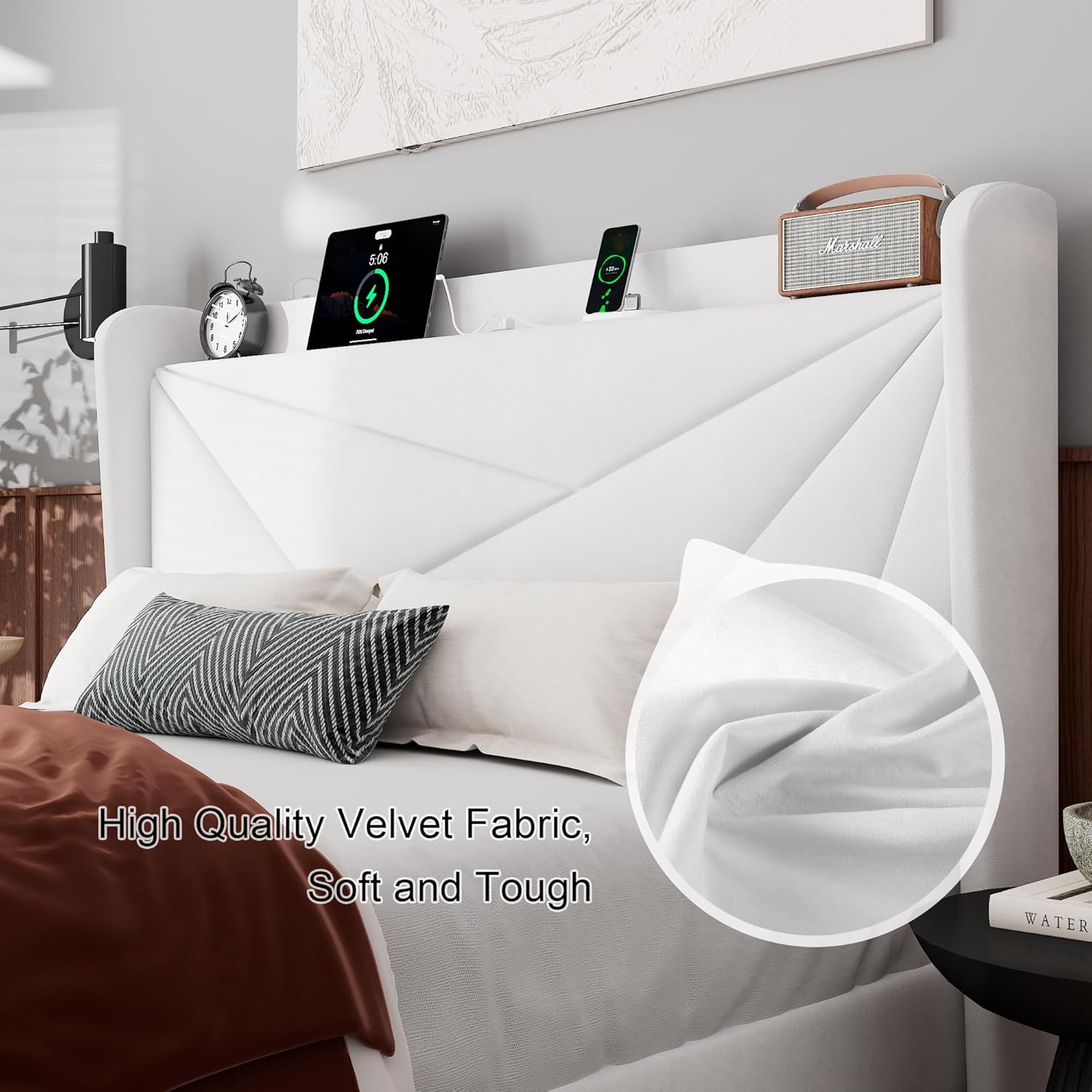 Feonase Full Bed Frame with Charging Station, Velvet Upholstered Platform Bedframe with Wingback Headboard, Solid Wood Slats Support, Noise Free, No Box Spring Needed, White
