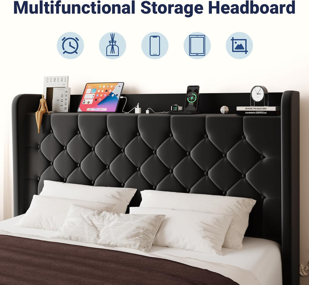 Allewie Queen Size Bed Frame, Storage Headboard with Charging Station, Wingback Velvet Upholstered, Diamond Stitched Button Tufted, Sturdy Wooden Slats, No Box Spring Needed, Easy Assembly, Black