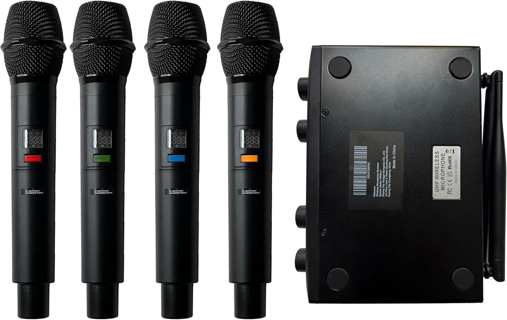 MELONARE 4-Channel Wireless Microphone System, UHF Compact Cordless Mic Set w/ 4x10 Frequencies, 200ft Range, Dynamic Handheld Microphone for Singing, Karaoke, Church, DJ, Wedding (MWM-41-4H)