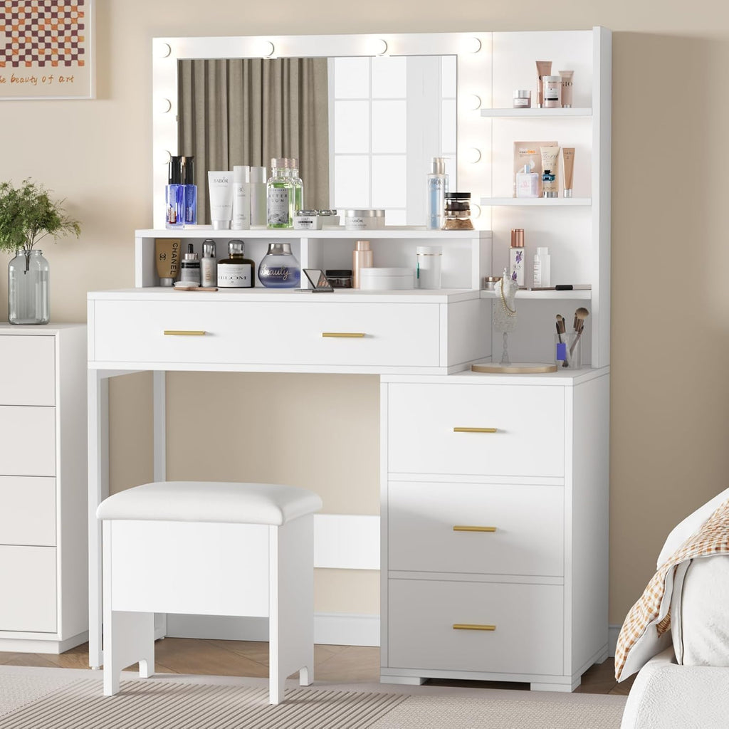 GarveeHome Vanity Desk, Makeup Vanity Table with Mirror & 9 LED Light Bulbs, 4 Large Drawers and 3 Tiers of Open Shelves for Bedroom, White