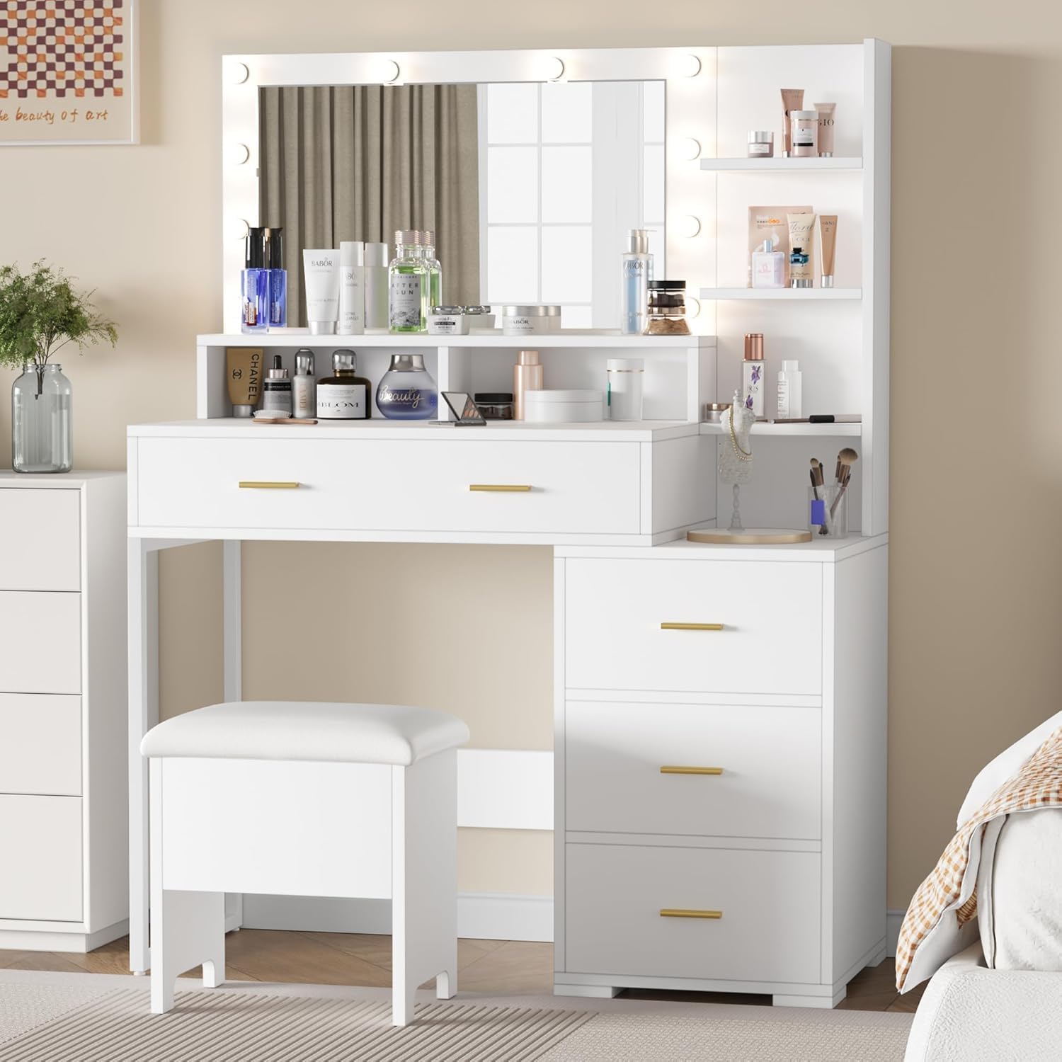 GarveeHome Vanity Desk, Makeup Vanity Table with Mirror & 9 LED Light Bulbs, 4 Large Drawers and 3 Tiers of Open Shelves for Bedroom, White