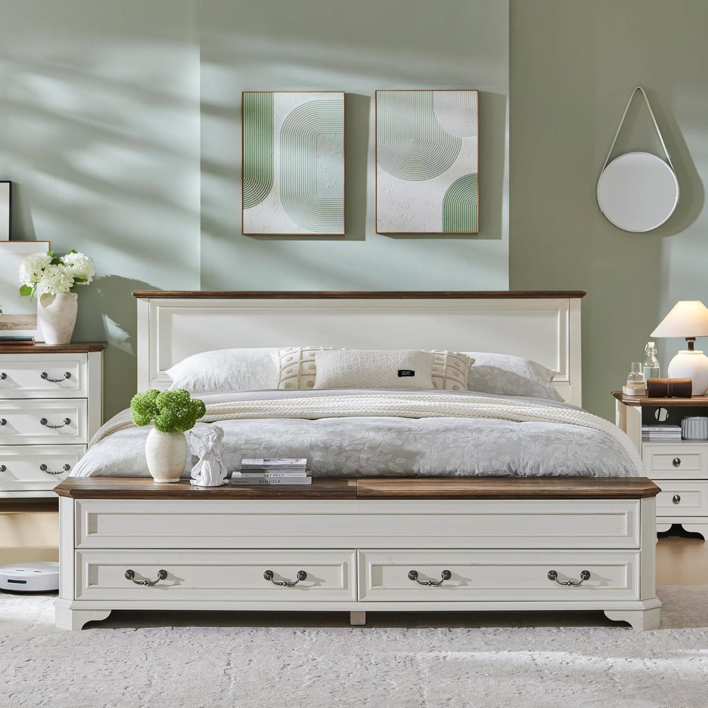 T4TREAM Farmhouse King Bed with Headboard and Storage Bench, Rustic Wood Platform Bed with 80" Storage Chest w/ 4 Large Drawer (Antique White)