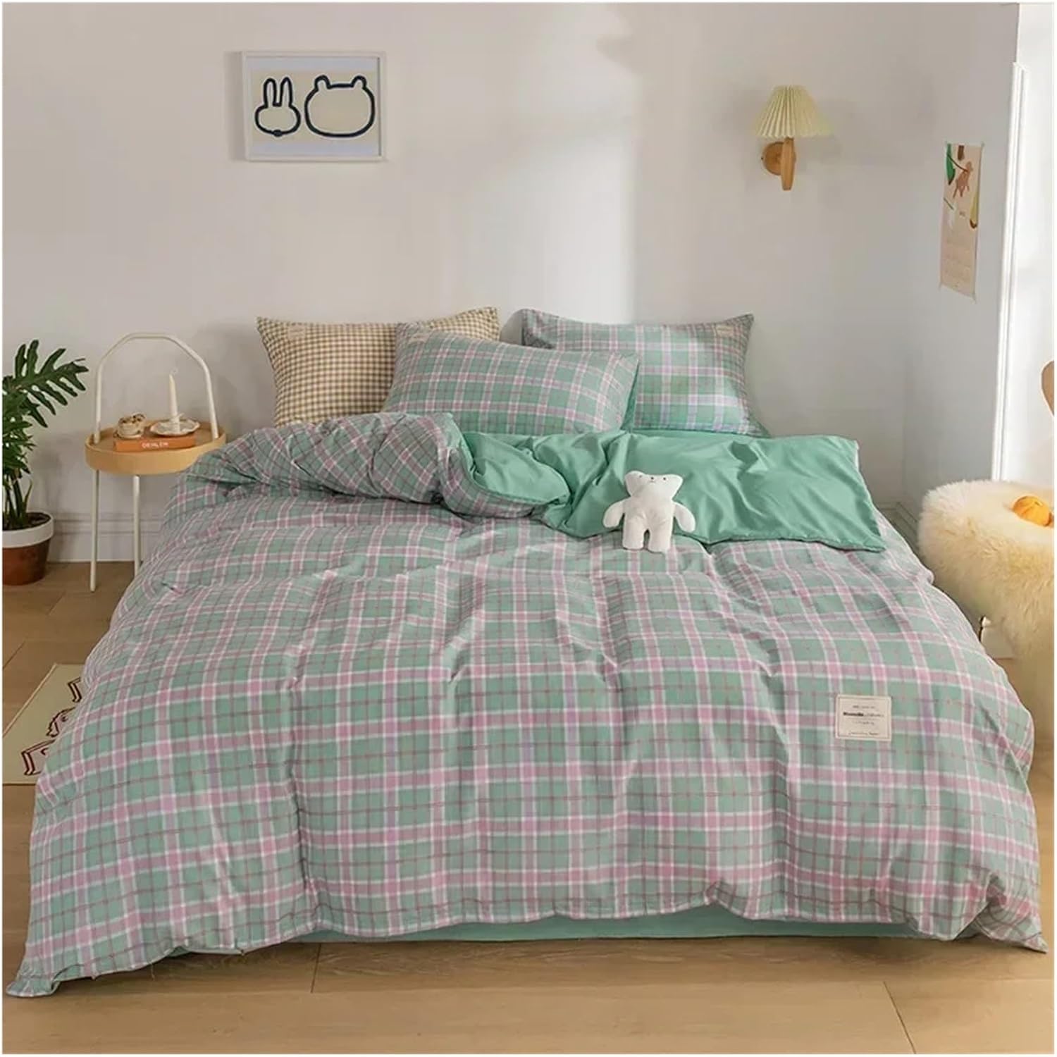 Bedding Set Grid Dyed Cotton Washed Cotton Four-Piece Set Cotton Brushed Simple Soft Bed Sheet Quilt Cover Linens,Bed