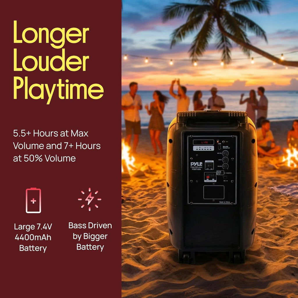 Pyle PSBT105A - 1000W Portable Bluetooth PA Speaker, 10'' Subwoofer, UHF Wireless Mic, MP3/USB/SD, Rechargeable Battery, LED Battery Indicator Lights, Black