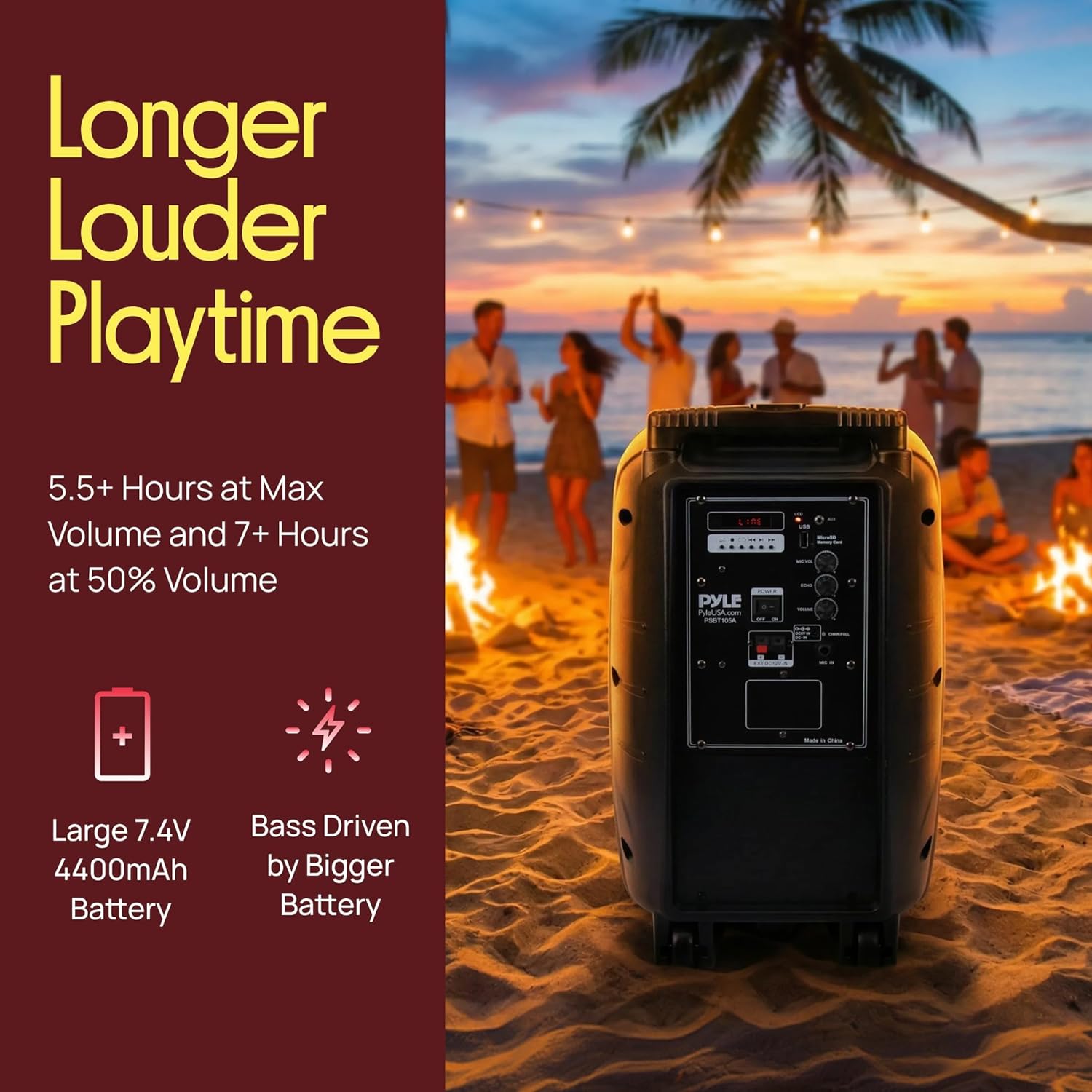 Pyle PSBT105A - 1000W Portable Bluetooth PA Speaker, 10'' Subwoofer, UHF Wireless Mic, MP3/USB/SD, Rechargeable Battery, LED Battery Indicator Lights, Black