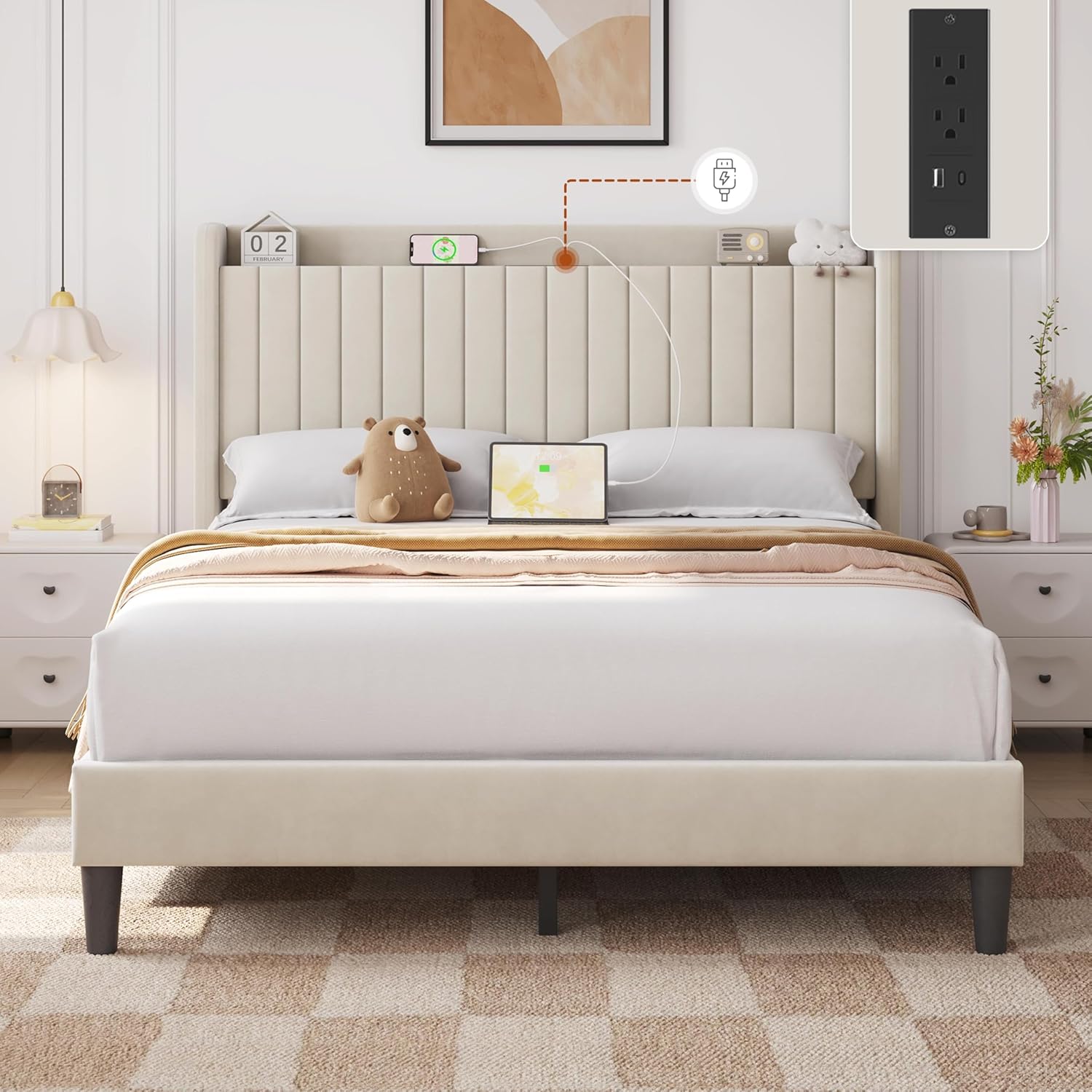 Yaheetech Queen Bed Frame with USB Charging Station and Storage Shelf/Upholstered Headboard Platform Bed with Wing Side/Wooden Slats Support/Noise Free/No Box Spring Needed/Easy Assembly, Beige