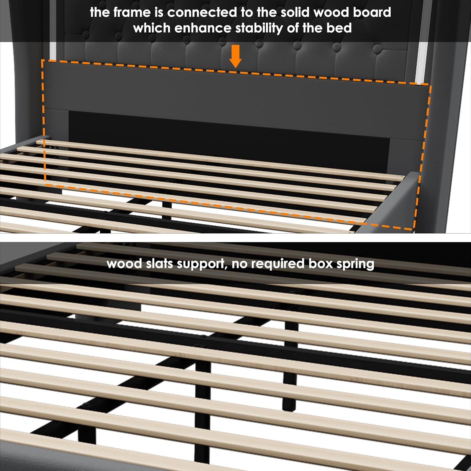Queen Bed Frame 55" Tall Headboard with LED Lights, Buttons Tufted Velvet Upholstered Platform Bed Frame with 2 Storage Drawers, Wood Slats Support Mattress Foundation, No Box Spring Needed, Grey