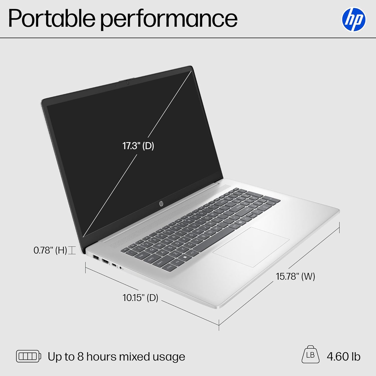 HP 17.3 inch Laptop, FHD Display, Intel Core i5-1334U, 16 GB RAM, 512 GB SSD, Intel Iris Xe Graphics, Windows 11 Home, Natural Silver, 17-cn3399nr