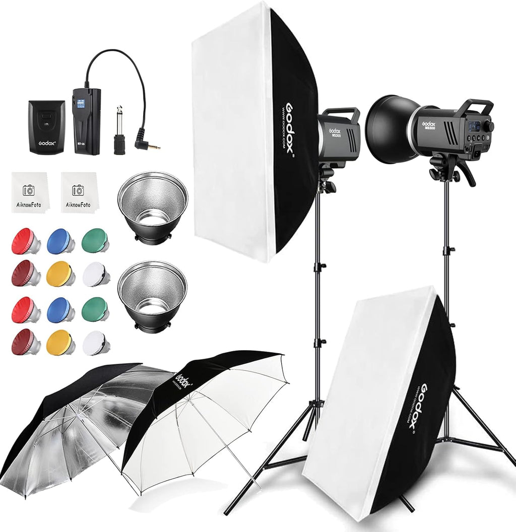 2pcs Godox MS300 600W Studio Strobe Flash Kit Bowens Mount Lighting,2.4G Wireless GN58 5600K Monolight with 150W Modeling Lamp,RT-16 Flash Trigger,Light Stands,Softbox,Umbrellas,Reflectors