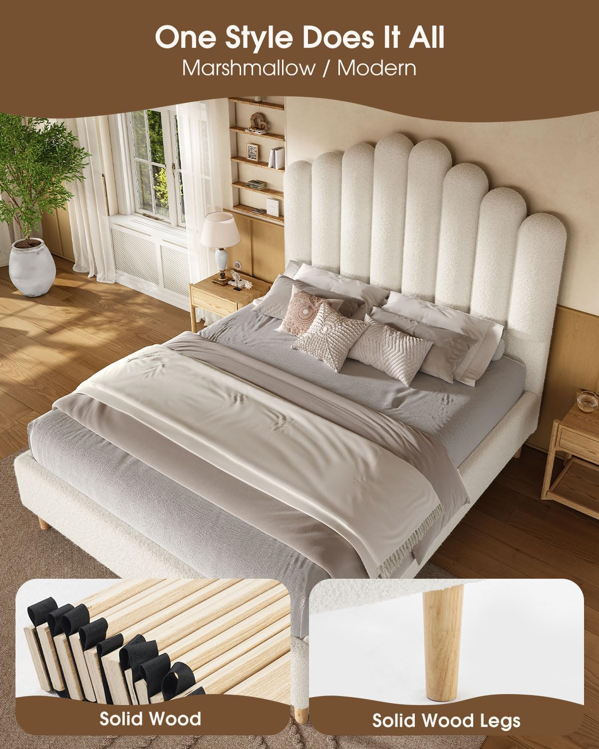 Full Size 57" Tall Boucle Bed Frame with Cloud Upholstered Headboard, Soft Bedframe with Round Corners, Solid Wood Legs, No Box Spring Needed, Easy Assembly, White