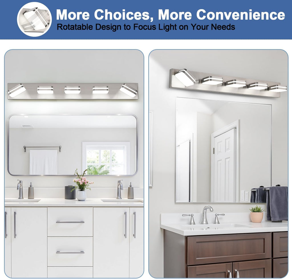 360° Rotate LED Bathroom Vanity Light Fixtures, 2100LM Acrylic Brushed Nickel Vanity Lights for Bathroom, Modern Wall Lighting Fixtures Over Mirror Kitchen Living Room (Natural White Light 5000K)